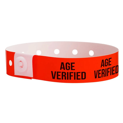 Age verified plastic wristband in red with text "AGE VERIFIED" printed on the band in black - round version shown 
