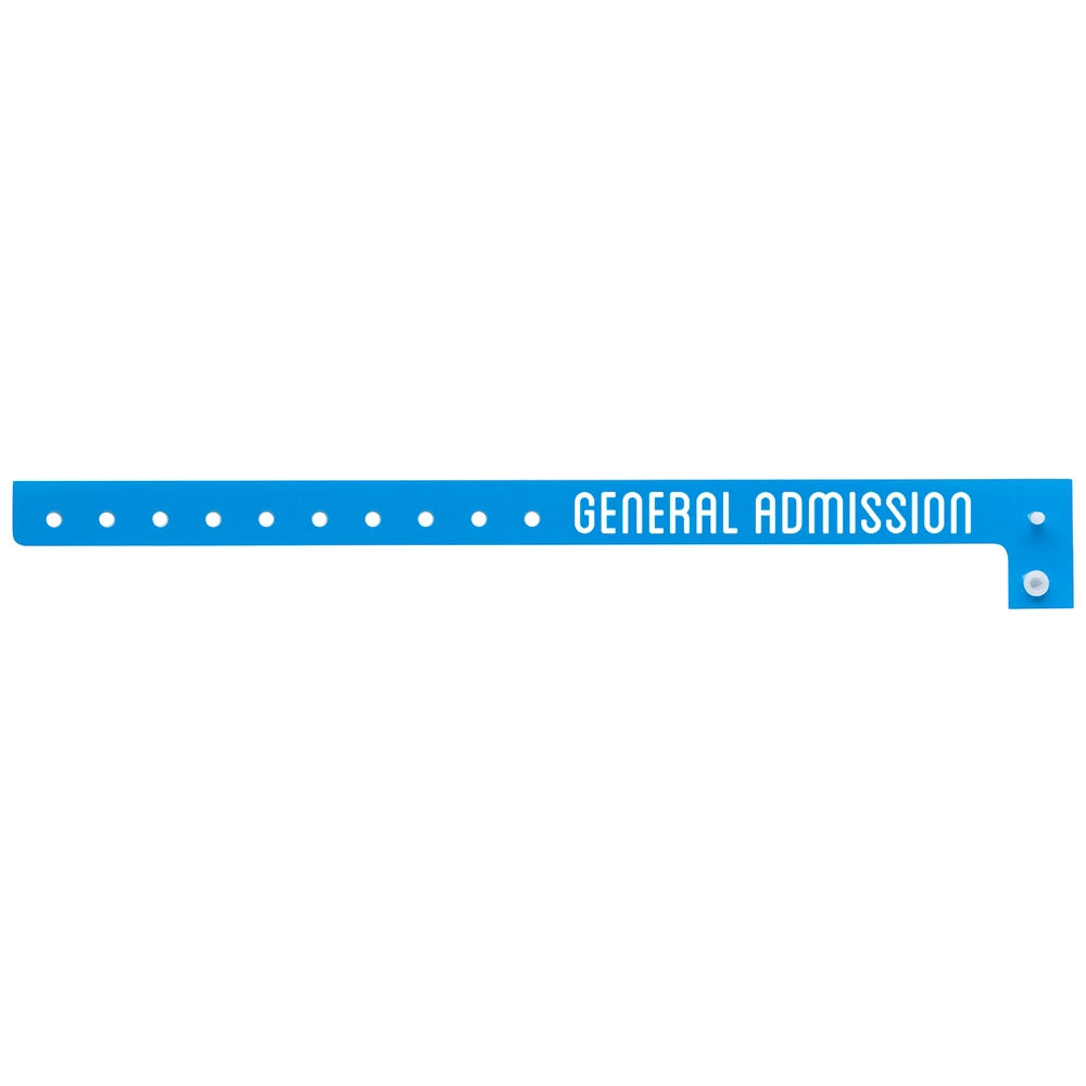 Blue plastic wristband with 'GENERAL ADMISSION' text printed on band in white - flat version shown 