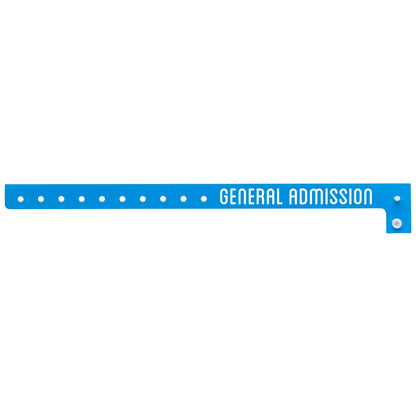 Blue plastic wristband with 'GENERAL ADMISSION' text printed on band in white - flat version shown 