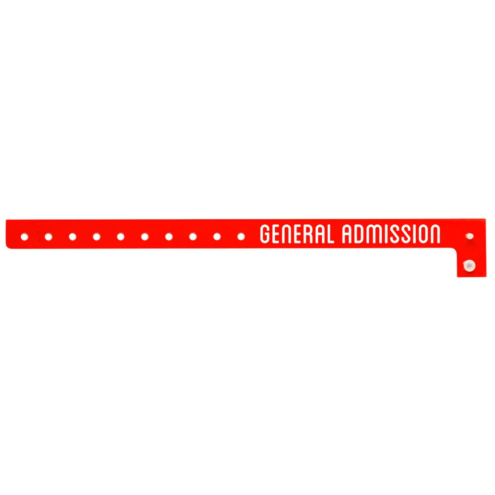 red plastic wristband with 'GENERAL ADMISSION' text printed on band in white - flat version shown 