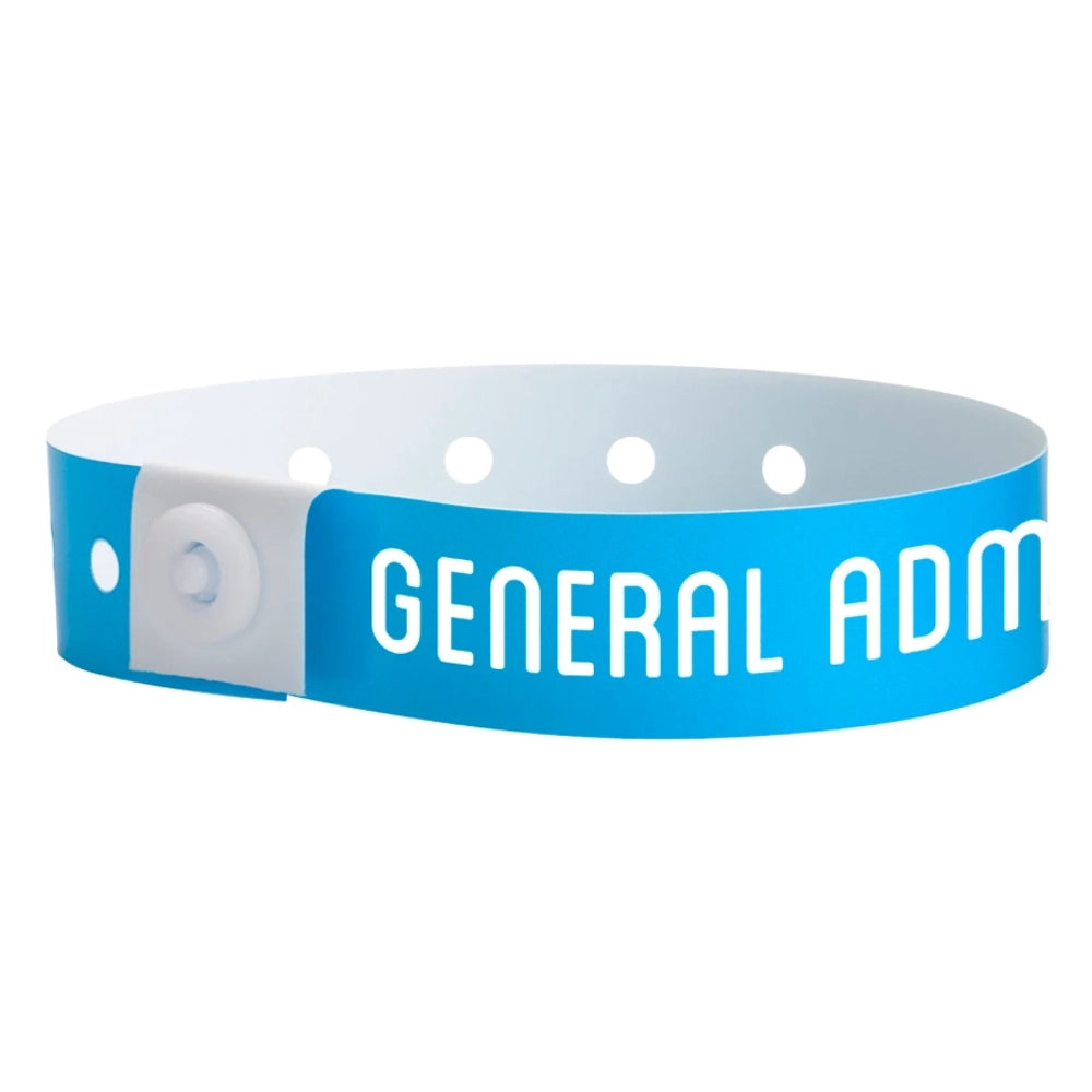 Blue plastic wristband with 'GENERAL ADMISSION' text printed on band in white - shown in round 