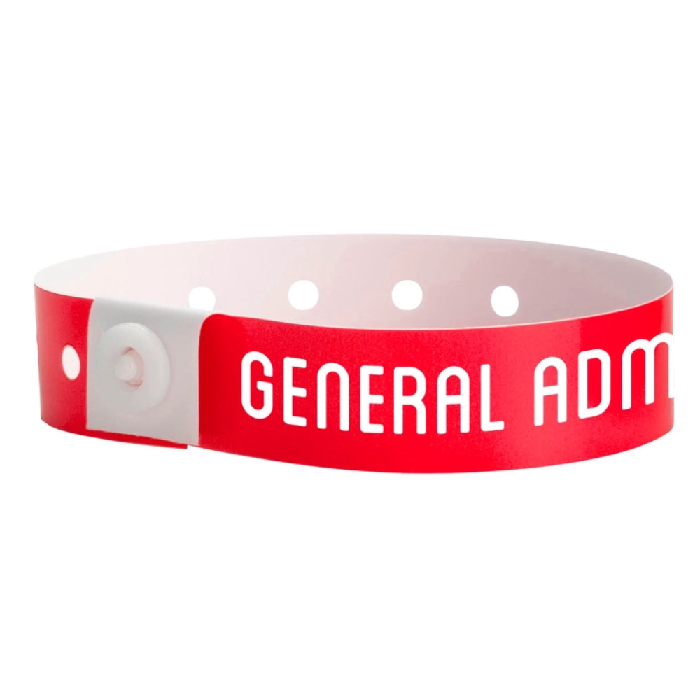 red plastic wristband with 'GENERAL ADMISSION' text printed on band in white - shown in round 