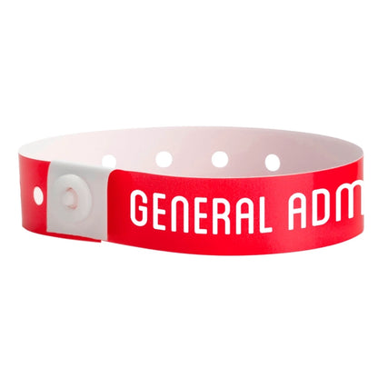 red plastic wristband with 'GENERAL ADMISSION' text printed on band in white - shown in round 