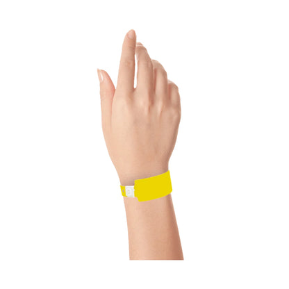 Wrist wearing plastic wide face wristband in pantone yellow
