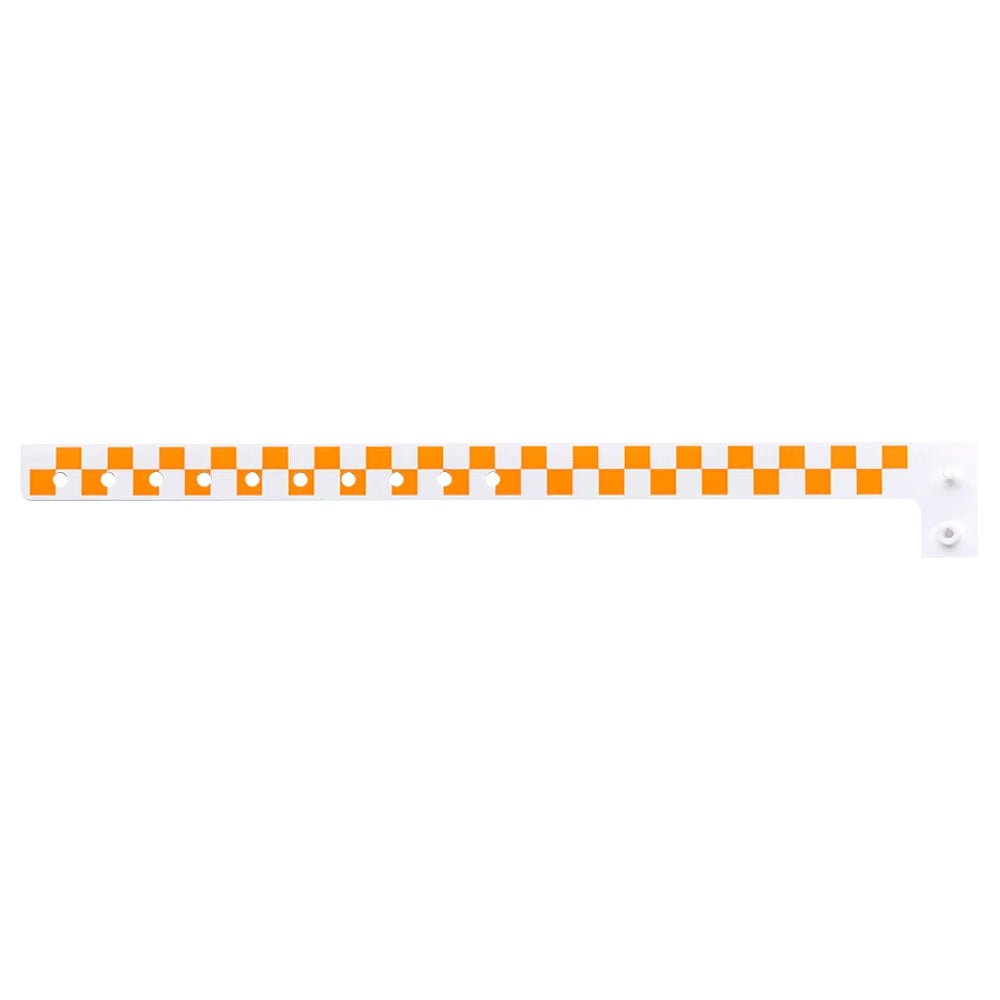 Plastic wristband with a orange and white checkerboard pattern - shown in flat 