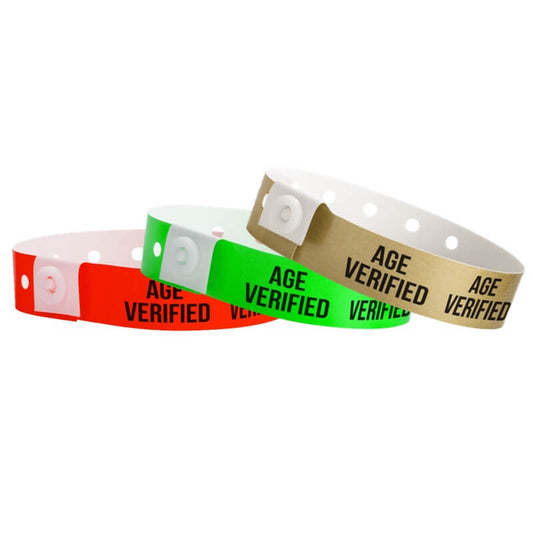 Plastic age verified wristbands shown in neon red, neon green and gold