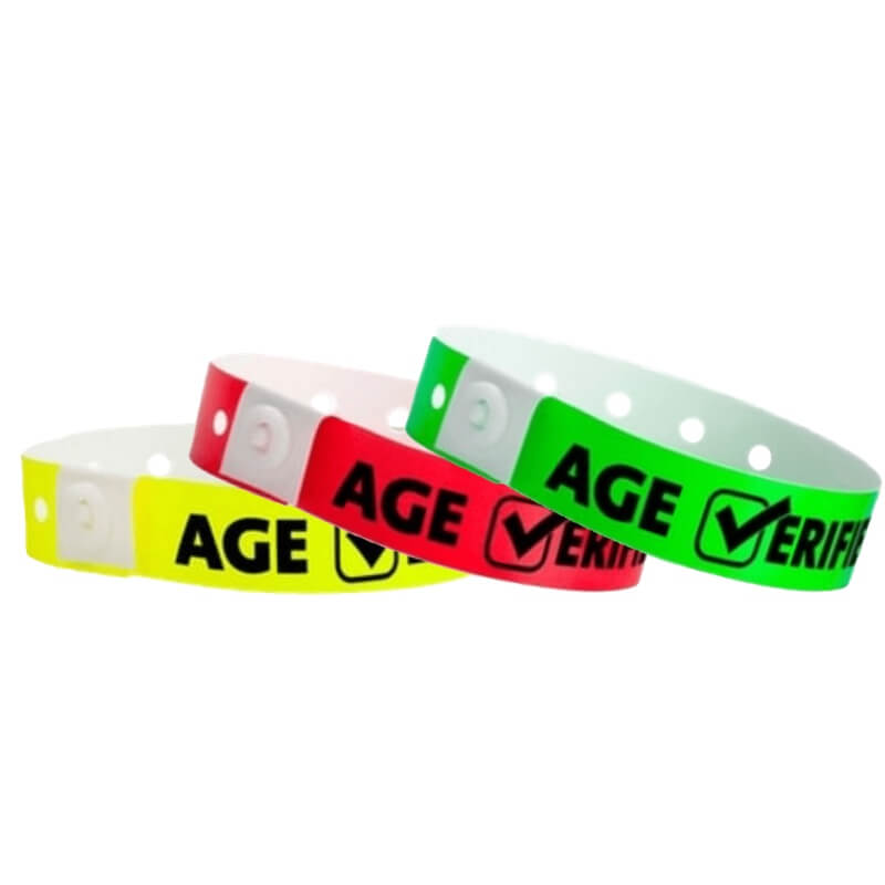 Plastic age verified check wristband shown in neon yellow, neon red and neon green