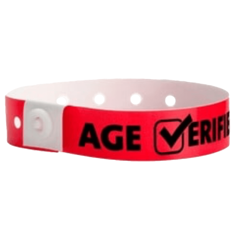 age verified check plastic wristband in neon red