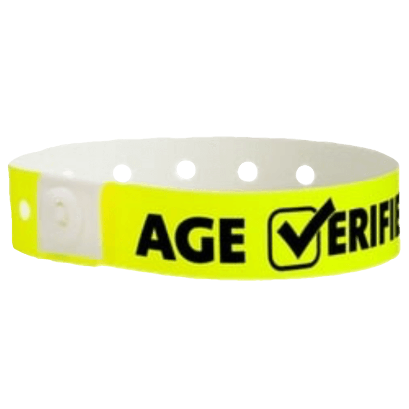 age verified check plastic wristband on neon yellow