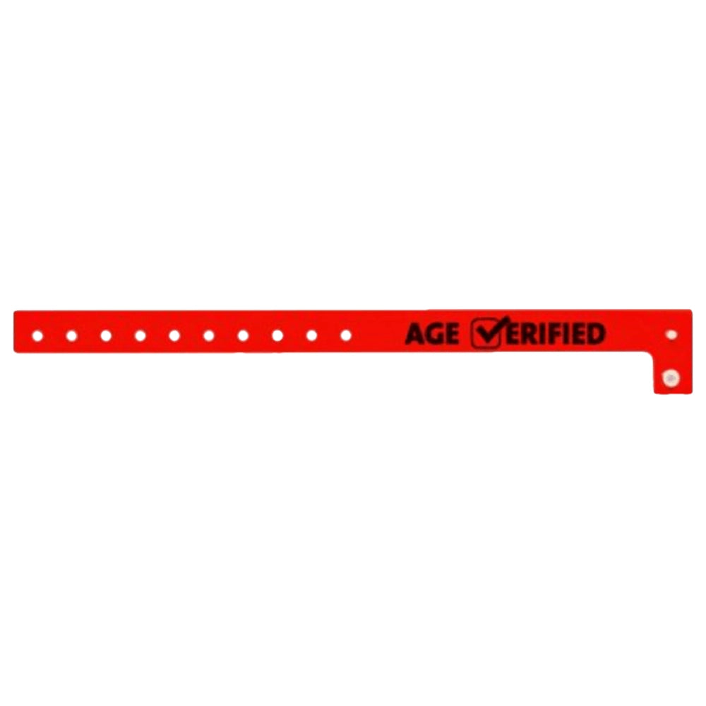 Plastic age verified wristband in neon red with text "AGE √ERIFIED" in black printed on the band - shown in flat 
