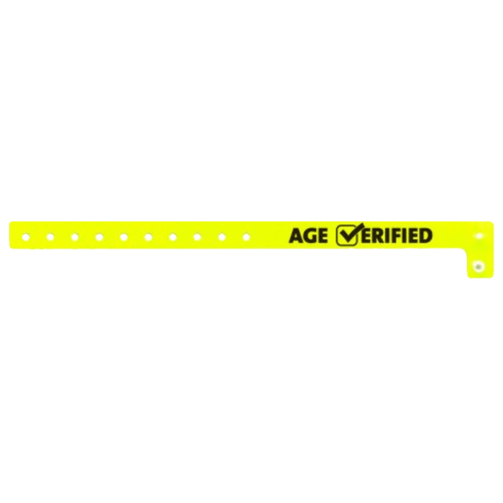Plastic age verified wristband in neon yellow with text "AGE √ERIFIED" in black printed on the band - shown in flat 