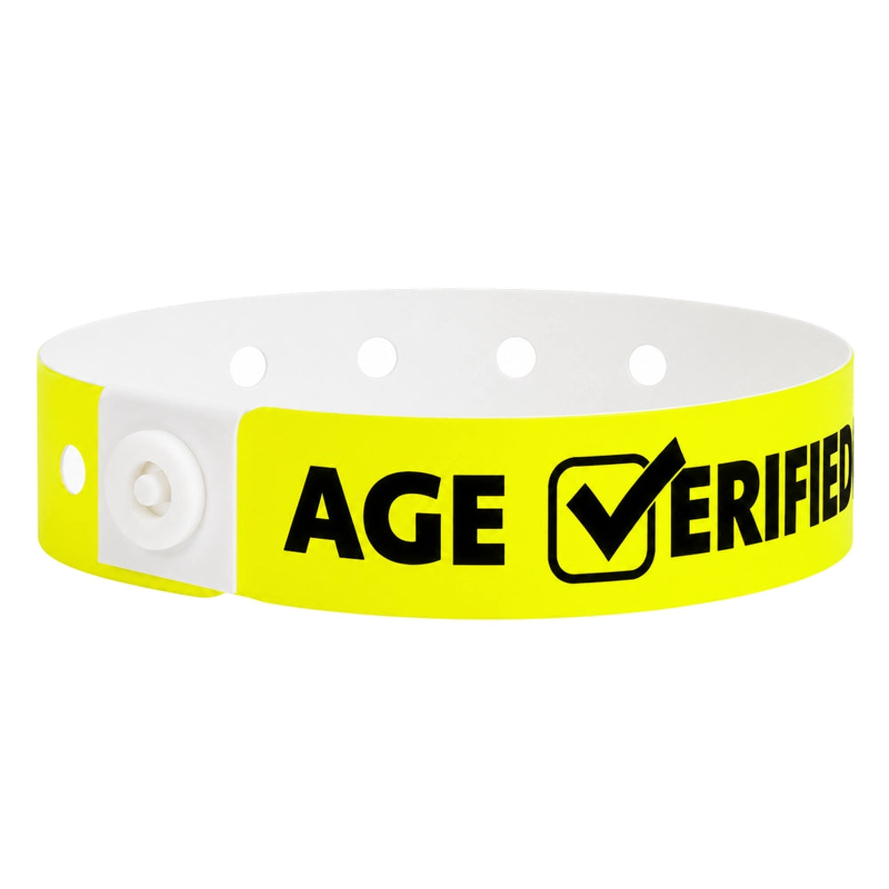 Plastic age verified wristband in neon yellow with text "AGE √ERIFIED" in black printed on the band - shown in round