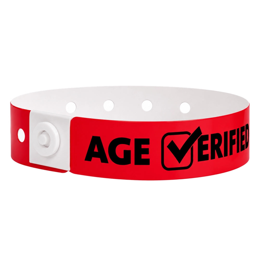 Plastic age verified wristband in neon red with text "AGE √ERIFIED" in black printed on the band - shown in round