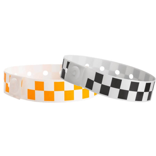 Plastic checkerboard wristband shown in neon orange and black