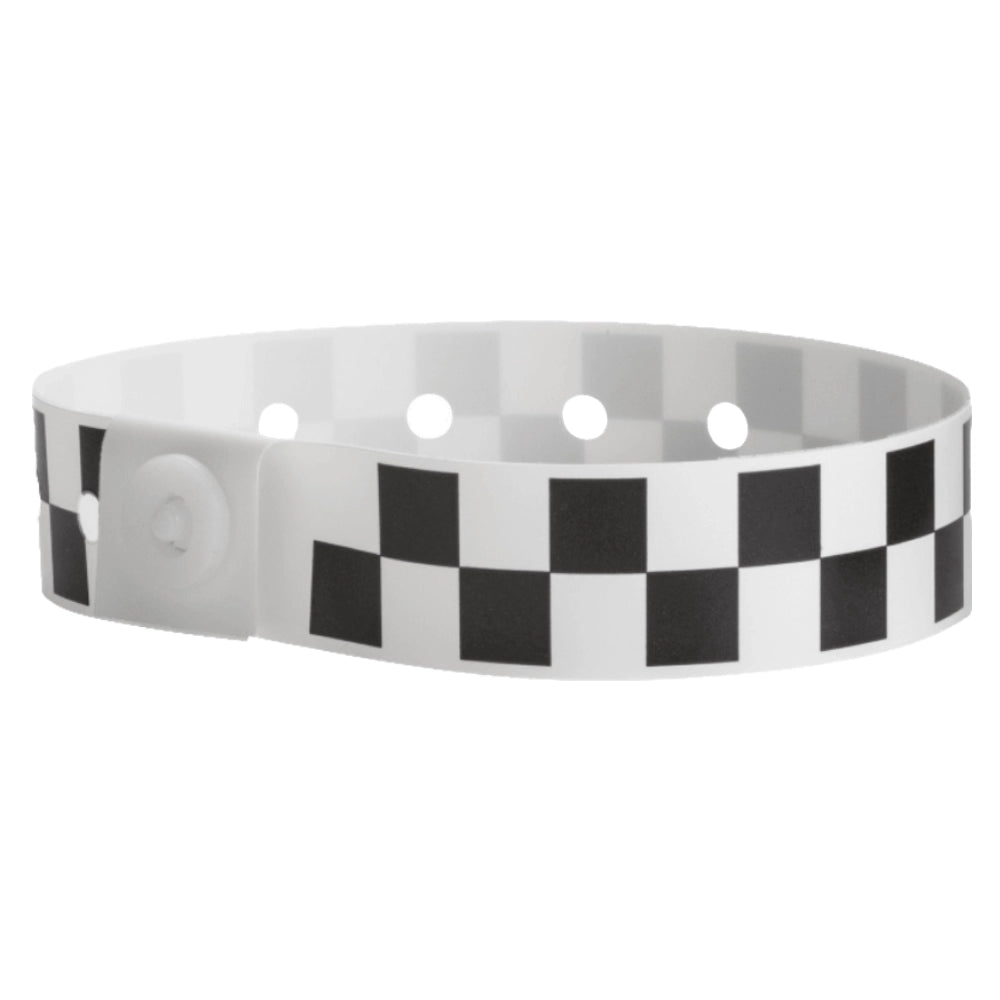 Plastic wristband with a black and white checkerboard pattern - shown in round