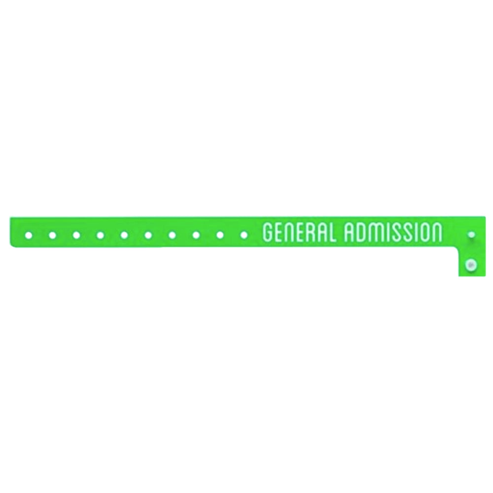 green plastic wristband with 'GENERAL ADMISSION' text printed on band in white - shown in flat