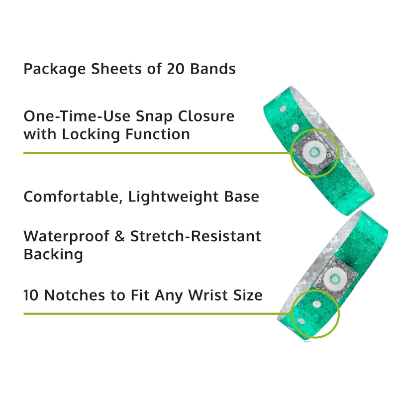Holographic plastic product specification page showing one time single use snaps, 10 holes for size adjustments and packaging in sheets of 20 - shown with a smooth plastic front in aqua