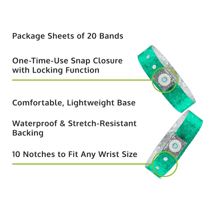 Holographic plastic product specification page showing one time single use snaps, 10 holes for size adjustments and packaging in sheets of 20 - shown with a smooth plastic front in aqua