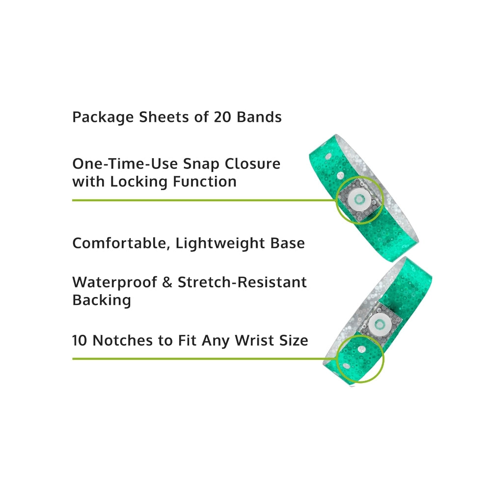 Specifications sheet for plastic holographic wristband showing package sheets of 20 bands, snap closure with locking function, lightweight base, waterproof and stretch resistant backing and 10 notches to fit any size - in aqua 