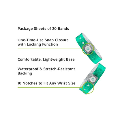 Specifications sheet for plastic holographic wristband showing package sheets of 20 bands, snap closure with locking function, lightweight base, waterproof and stretch resistant backing and 10 notches to fit any size - in aqua 