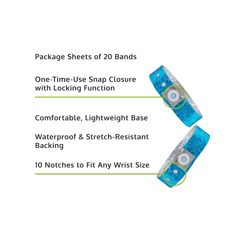 Specifications sheet for plastic holographic wristband - in blue 