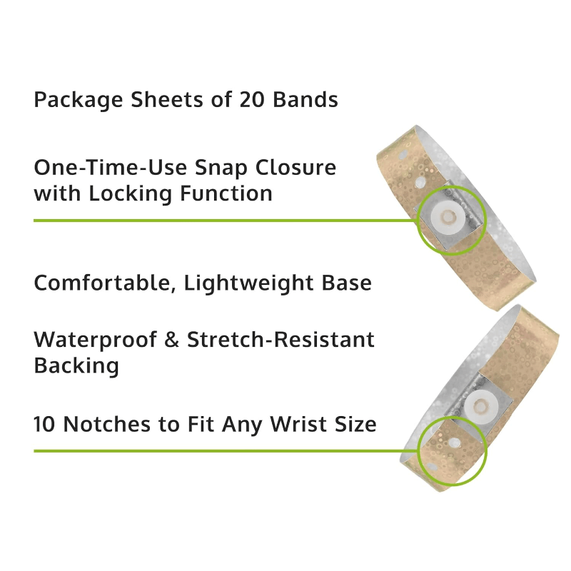 Holographic plastic product specification page showing one time single use snaps, 10 holes for size adjustments and packaging in sheets of 20 - shown with a smooth plastic front in gold