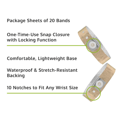 Holographic plastic product specification page showing one time single use snaps, 10 holes for size adjustments and packaging in sheets of 20 - shown with a smooth plastic front in gold
