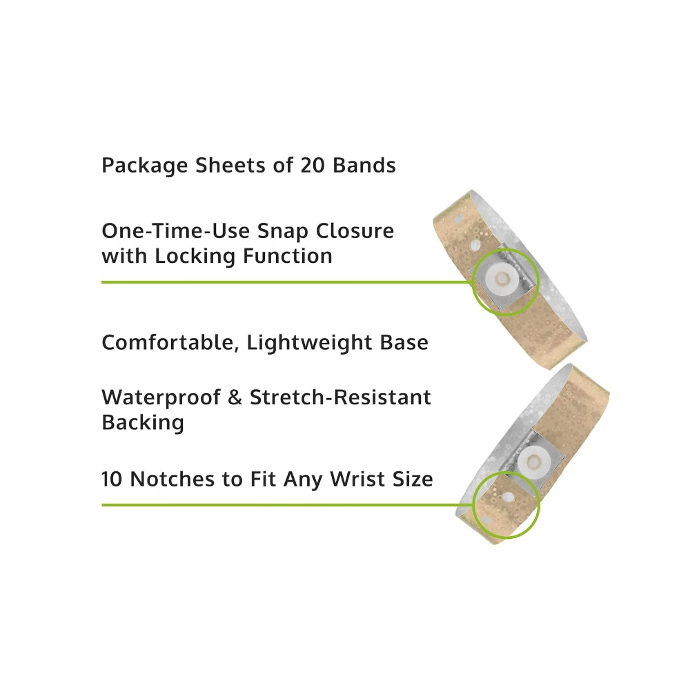 Specifications sheet for plastic holographic wristband showing package sheets of 20 bands, snap closure with locking function, lightweight base, waterproof and stretch resistant backing and 10 notches to fit any size - in gold 
