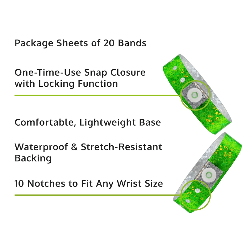 Holographic plastic product specification page showing one time single use snaps, 10 holes for size adjustments and packaging in sheets of 20 - shown with a smooth plastic front in green