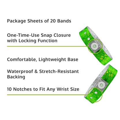 Holographic plastic product specification page showing one time single use snaps, 10 holes for size adjustments and packaging in sheets of 20 - shown with a smooth plastic front in green