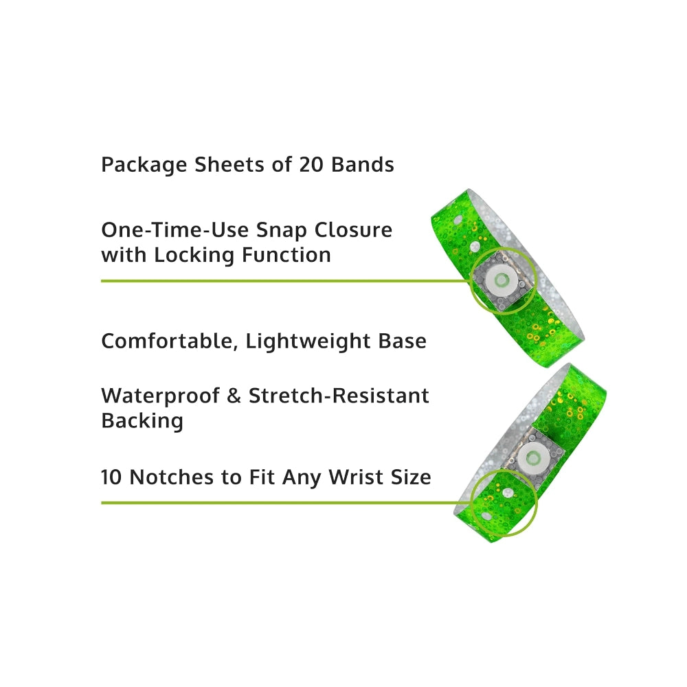 Specifications sheet for plastic holographic wristband - in neon green