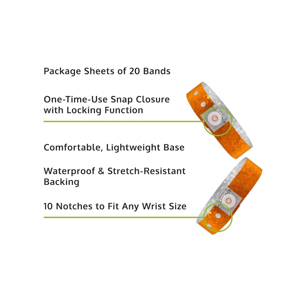 Specifications sheet for plastic holographic wristband - in orange