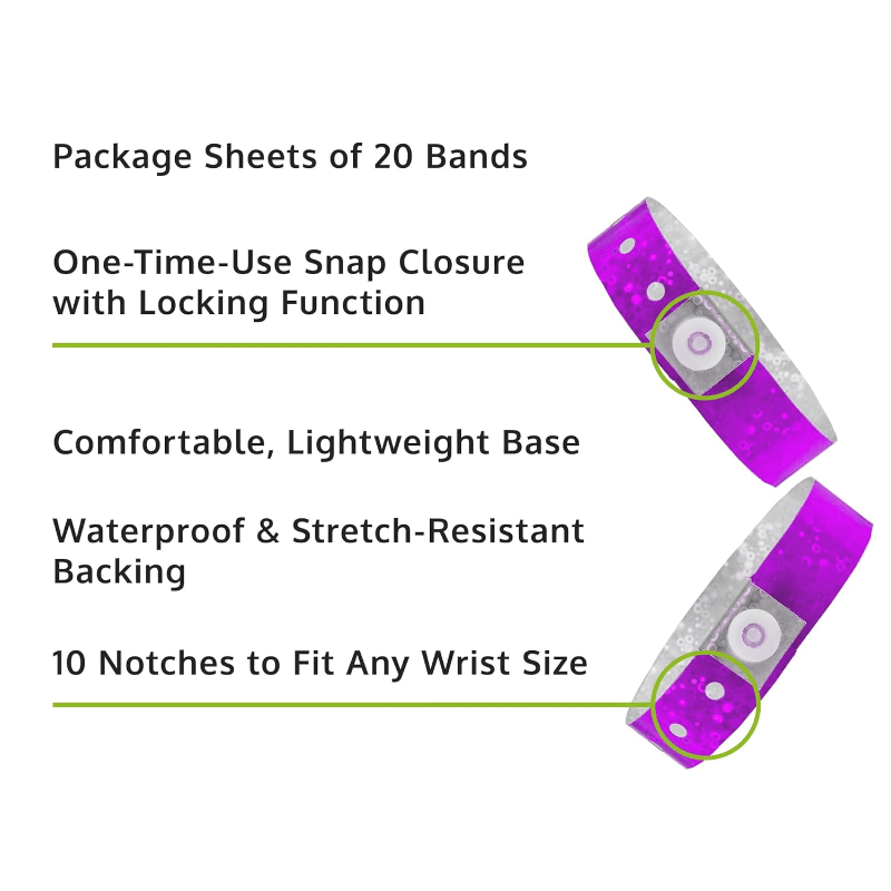 Holographic plastic product specification page showing one time single use snaps, 10 holes for size adjustments and packaging in sheets of 20 - shown with a smooth plastic front in purple