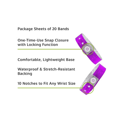 Specifications sheet for plastic holographic wristband - in purple