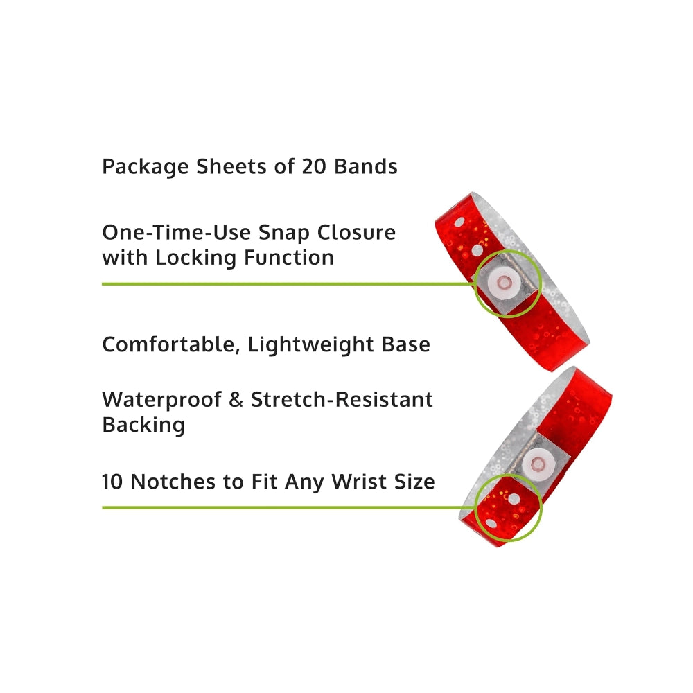 Specifications sheet for plastic holographic wristband - in red