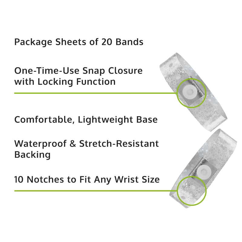Holographic plastic product specification page showing one time single use snaps, 10 holes for size adjustments and packaging in sheets of 20 - shown with a smooth plastic front in silver