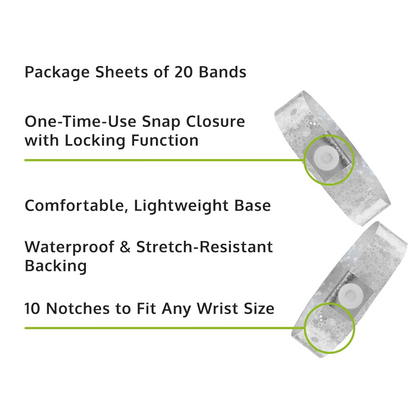 Holographic plastic product specification page showing one time single use snaps, 10 holes for size adjustments and packaging in sheets of 20 - shown with a smooth plastic front in silver