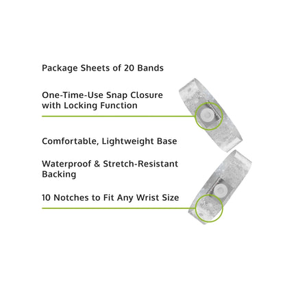 Specifications sheet for plastic holographic wristband - in silver