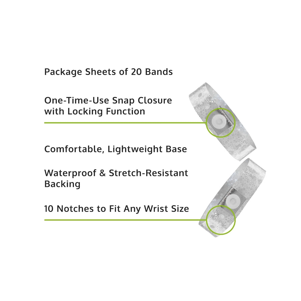 Specifications sheet for plastic holographic wristband showing package sheets of 20 bands, snap closure with locking function, lightweight base, waterproof and stretch resistant backing and 10 notches to fit any size - in silver