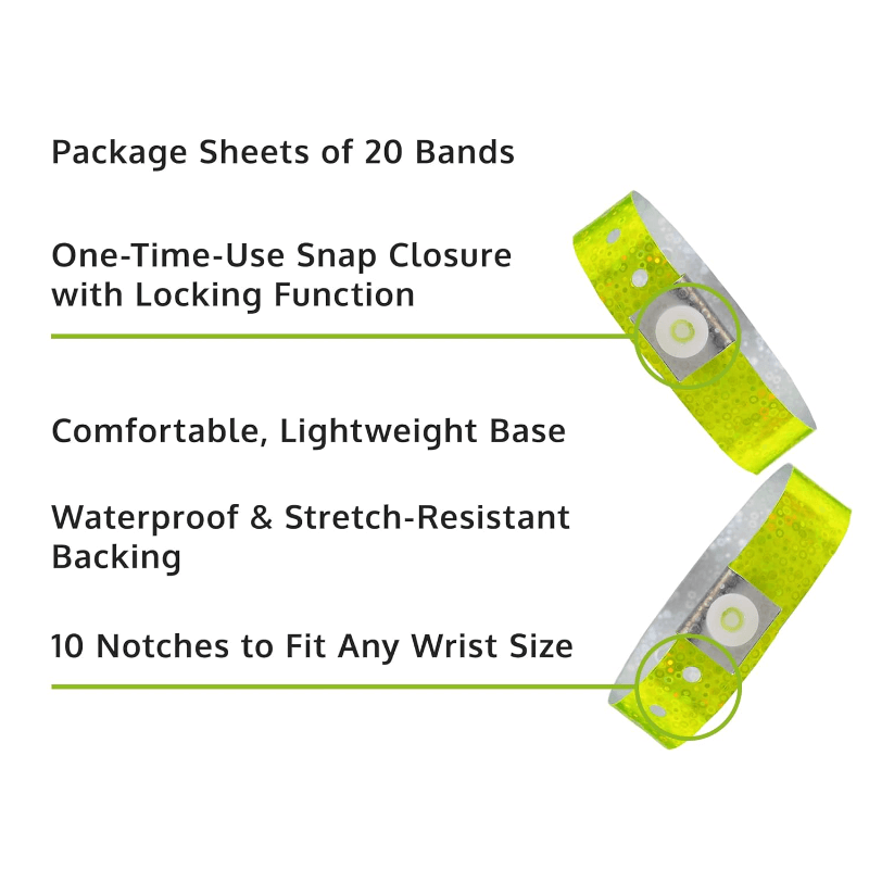 Holographic plastic product specification page showing one time single use snaps, 10 holes for size adjustments and packaging in sheets of 20 - shown with a smooth plastic front in yellow