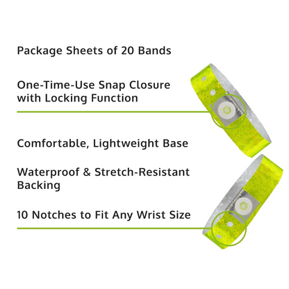 Holographic plastic product specification page showing one time single use snaps, 10 holes for size adjustments and packaging in sheets of 20 - shown with a smooth plastic front in yellow