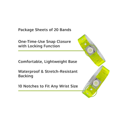 Specifications sheet for plastic holographic wristband - in yellow