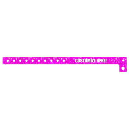 plastic holographic wristband in pink with white text "CUSTOMIZE HERE!" - shown in flat 