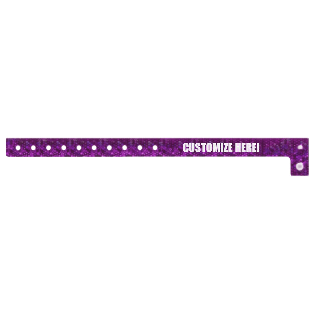 plastic holographic wristband in purple with white text "CUSTOMIZE HERE!" - shown in flat 