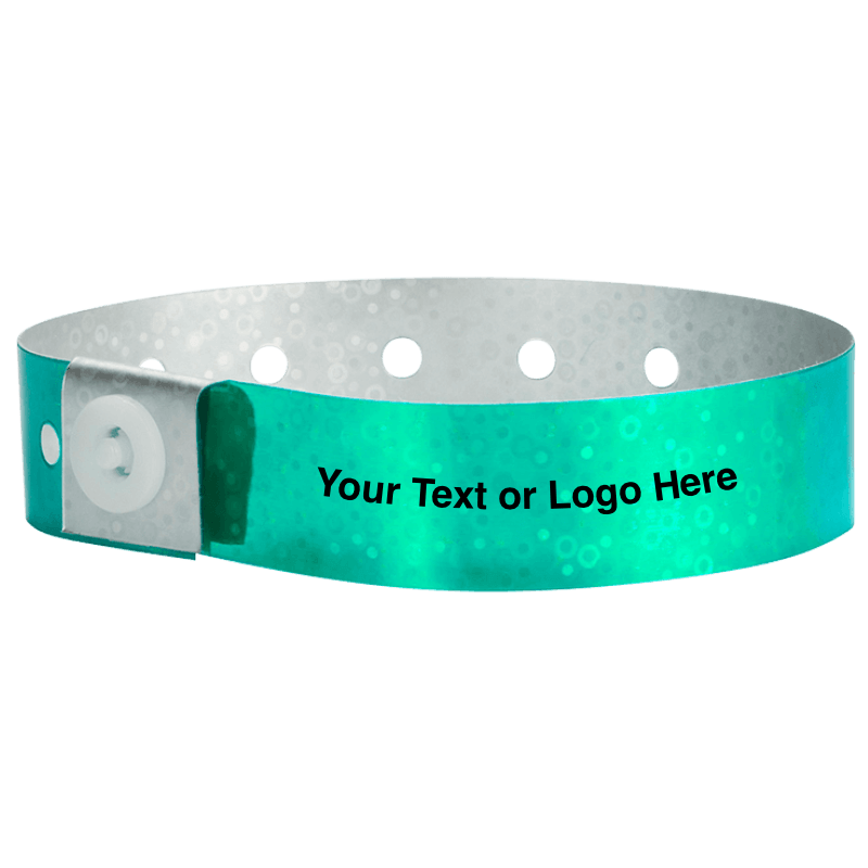 holographic plastic wristbands with a placeholder to show where you can customize the wristband in aqua
