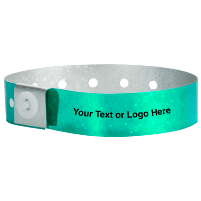 holographic plastic wristbands with a placeholder to show where you can customize the wristband in aqua