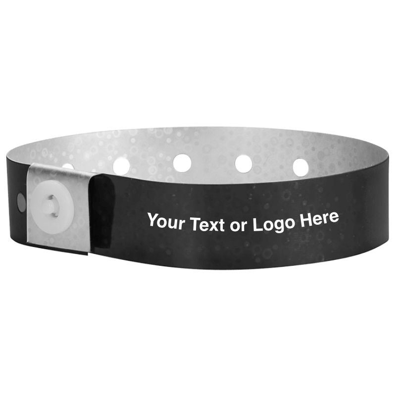 holographic plastic wristbands with a placeholder to show where you can customize the wristband in aqua