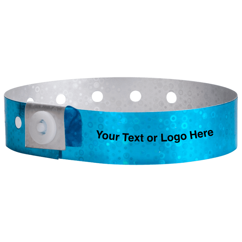 holographic plastic wristbands with a placeholder to show where you can customize the wristband in blue