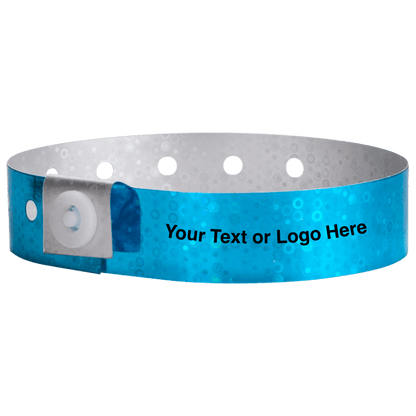 holographic plastic wristbands with a placeholder to show where you can customize the wristband in blue
