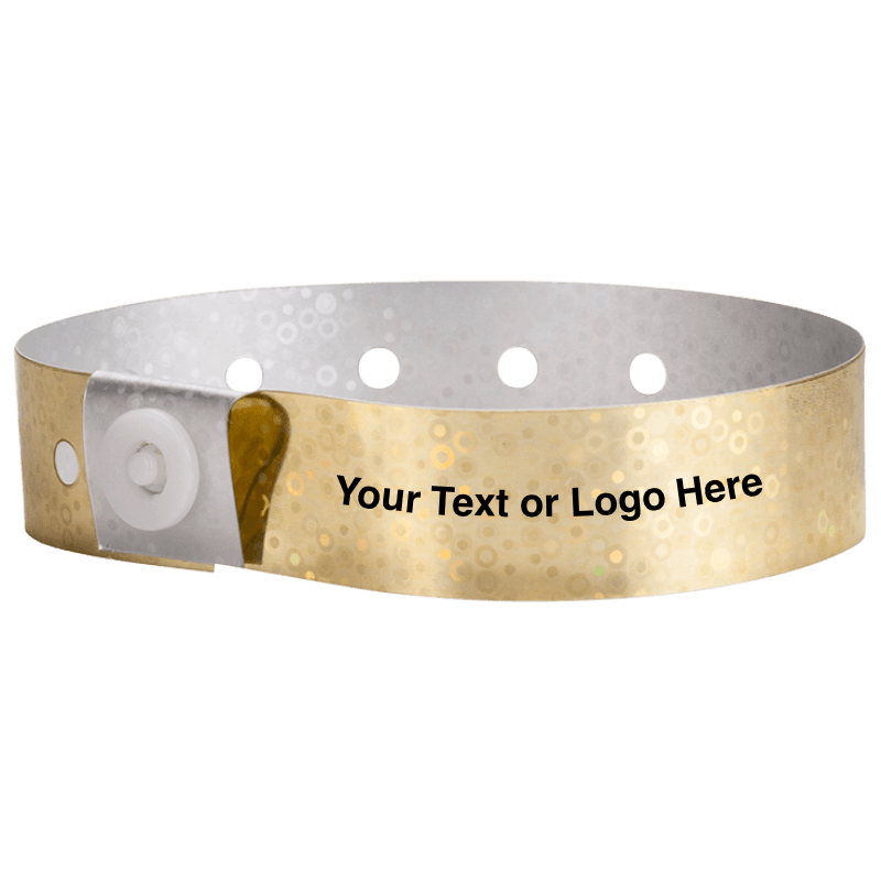 holographic plastic wristbands with a placeholder to show where you can customize the wristband in gold